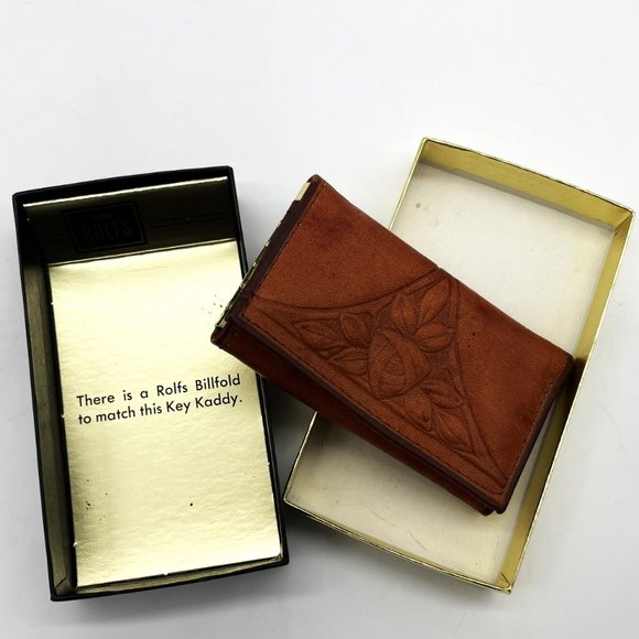 Vintage Rolfs Hand Carved Brown Cowhide Leather Trifold Key Kaddy with Box - Picture 5 of 5